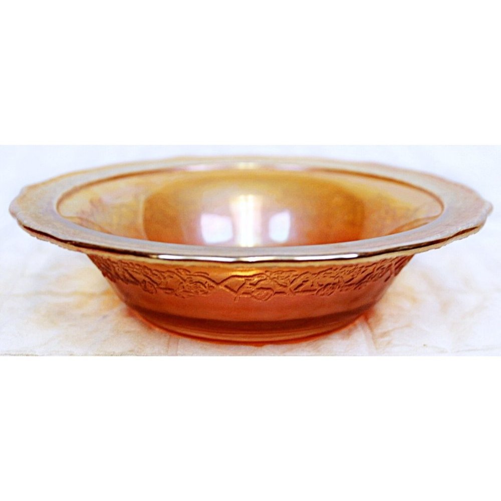 VTG 1930s Federal Glass Normandie Orange Iridescent Lattice & Bouquet Small Bowl